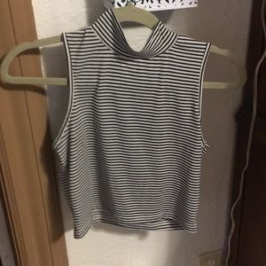 Black and white striped turtle neck crop top